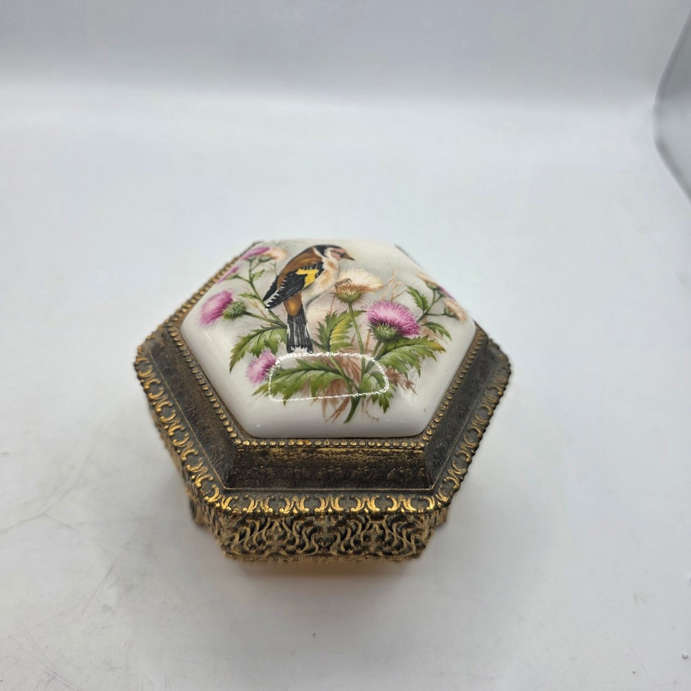 Vintage Japan Musical Jewelry Trinket Box Bird Floral Porcelain Gold Tone Works